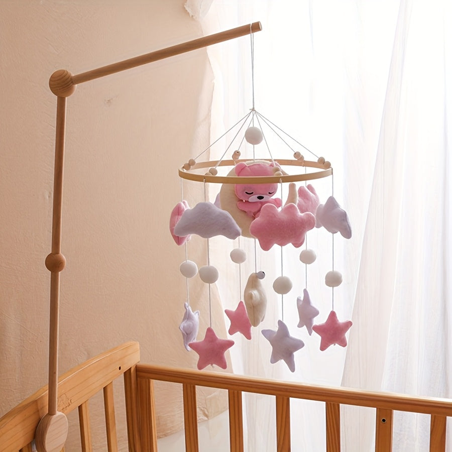 Handmade Felt Mobile Soft Plush Handmade Felt Mobile with Pink Bear & Clouds | White Beads & Stars, Lightweight & Durable Nursery Decor | Ideal for Baby Crib, Stroller, Safe Infant Toy, Playful Design