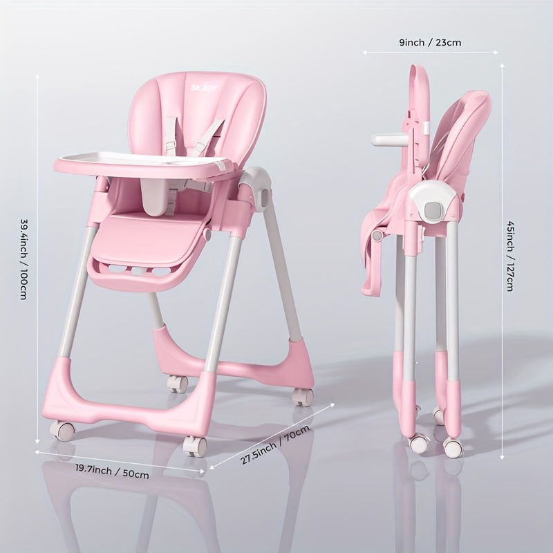3-In-1 Foldable Baby High Chair with Removable Seat & Tray – Adjustable Height, Recline & Food Tray | Portable Booster Seat for Infants & Toddlers | Compact, Space-Saving Design with Wheels | Easy Storage | Pink