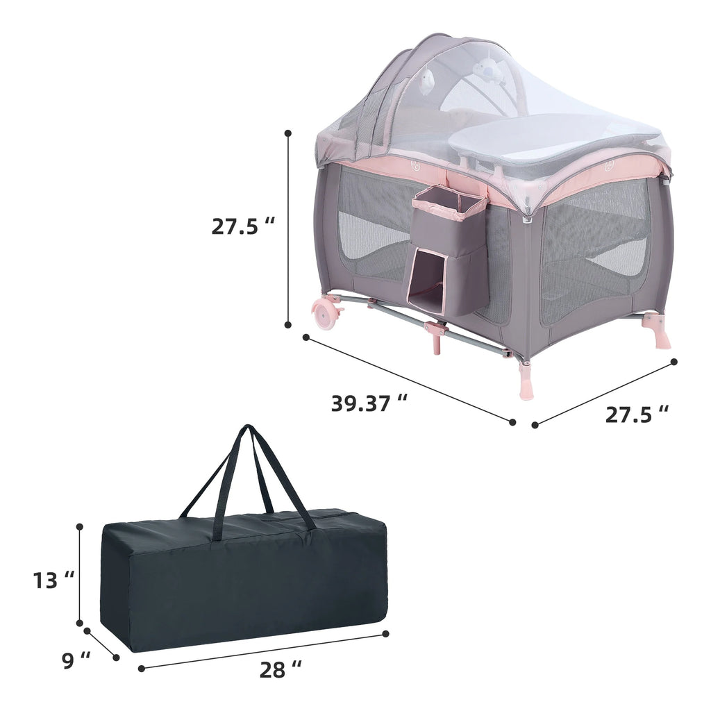 Baby Playard, Foldable Changing Table, Wheels, Canopy for Newborn, Four-Panels, two wheels with brakes at the bottom, folded crib and tak